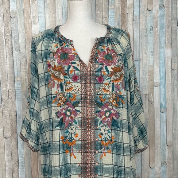 Johnny Was L Gauzy Teal Plaid Floral Embroidered Blouse Top Shirt Boho - Picture 4 of 11